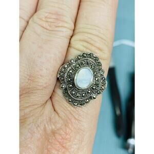 Vintage Sterling Silver Ring Marcasite & Mother of Pearl Size 9 Art Deco